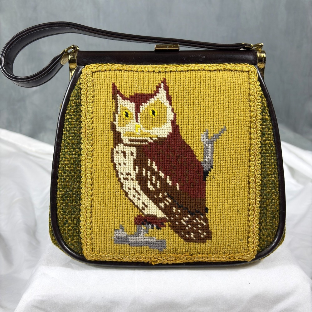 Vtg 1970s Womens JR Florida Purse Handbag Owl Needlepoint Yellow Green MCM